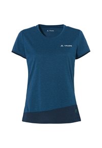 T-shirt Vaude bleu marine, à manches courtes, col rond, fabriqué en tissu doux avec une finition contrastante et un logo sur la poitrine.