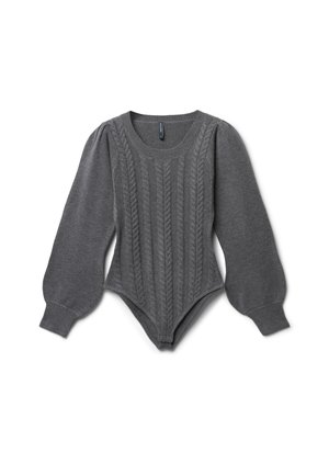 Bodygrigio in maglia con maniche lunghe a sbuffo, caratterizzato da un motivo a treccia testurizzato sulla parte anteriore e un collo rotondo.