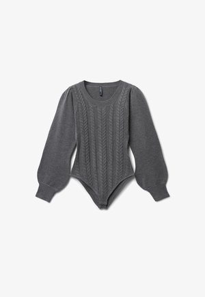 Bodysuit gris en tricot avec de longues manches bouffantes, présentant un motif en cable texturé à l'avant et un col rond.