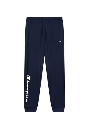 Pantaloni della tuta blu navy realizzati in tessuto morbido, con vita a coulisse e grande logo bianco "Champion" lungo la gamba sinistra.