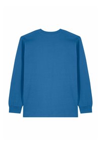 T-shirt à manches longues en bleu vif uni, fabriqué en coton. Il présente un col rond et des poignets côtelés, avec une texture lisse et mate.