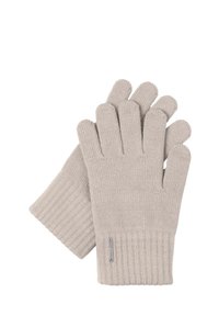 Guantes de punto gris claro con puños acanalados, que presentan cinco dedos y una textura suave. Una pequeña etiqueta metálica en un puño añade detalle.