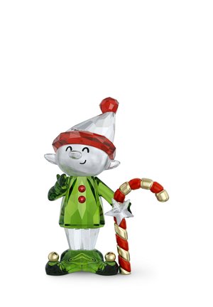 Crystal figurine of an elf in a green outfit with red accents, holding a candy cane, featuring a pointed hat and a cheerful expression.