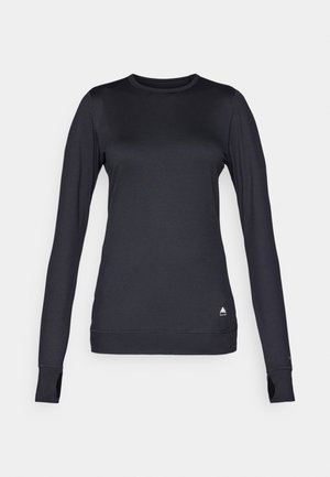 Black long-sleeve sports top made of smooth, stretchy fabric. Features a round neckline, thumb holes, and a small logo at the bottom.