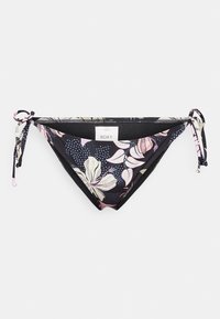 Svart bikini-bunn med blomstermønster i rosa og hvitt. Snører på sidene, glatt tekstur, og en merkeetikett i midten.