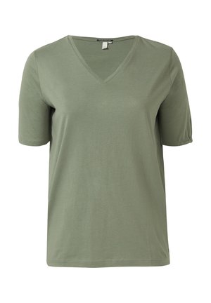 Olijfgroen V-hals T-shirt met korte mouwen, een relaxte pasvorm en een glad, effen stof.