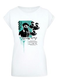 Weißes T-Shirt mit kurzen Ärmeln, das einen grafischen Druck eines bärtigen Mannes in Schwarz und Teal zeigt, ergänzt durch Text und Spritzeffekten.