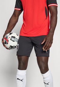 Κόκκινη και μαύρη κοντομάνικη φανέλα με ριγωτά διακριτικά, σε συνδυασμό με γκρι σορτς. Ο παίκτης κρατάει μια ποδοσφαιρική μπάλα με ασπρόμαυρο σχέδιο.