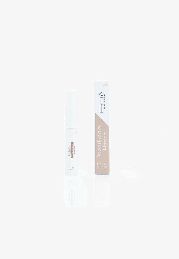 Mascara per sopracciglia vegana in un tubo bianco con un cappuccio argento, accanto a una scatola beige che mostra i dettagli del prodotto e il volume.