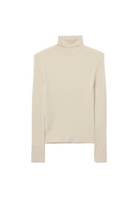 Maglione a collo alto beige a coste con maniche lunghe, caratterizzato da una silhouette aderente e un orlo che si ferma all'anca. Texture morbida, design minimale.