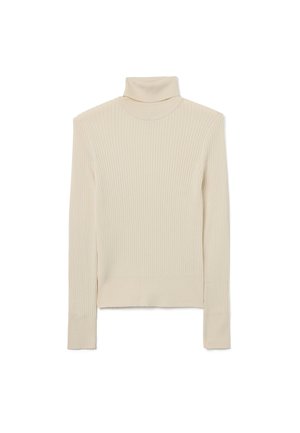 Beige ribbel trui met col en lange mouwen, met een aansluitende pasvorm en een zoom die op de heup valt. Zachte textuur, minimalistisch ontwerp.