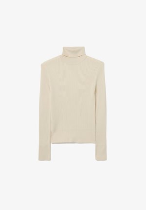 Beige ribbel trui met col en lange mouwen, met een aansluitende pasvorm en een zoom die op de heup valt. Zachte textuur, minimalistisch ontwerp.