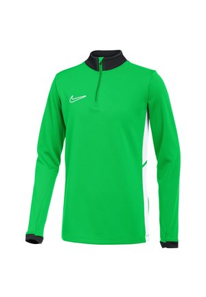 Top sportivo verde a manica lunga con collo alto nero, pannelli laterali bianchi e zip frontale; presenta il logo bianco Nike sul petto.