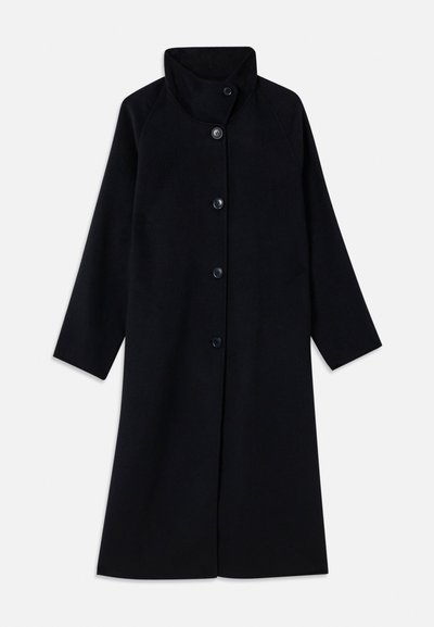 Long black coat with high collar and five front buttons, long sleeves, and a straight cut, displayed flat on a white background.