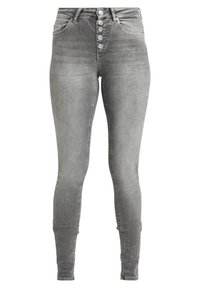 Calças skinny cinzentas de cintura elevada com fecho frontal de cinco botões, passantes para cinto e uma textura de denim suave. Apresenta bolsos frontais.