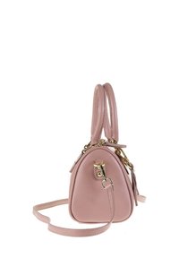 Borsa a tracolla rotonda in pelle rosa con finitura testurizzata, doppi manici, decorazioni in oro e una tracolla regolabile.