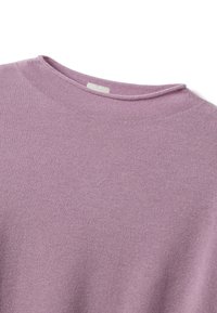 Light purple sweater featuring a crew neckline, ribbed texture, and smooth knit material. Label visible near the neck seam.