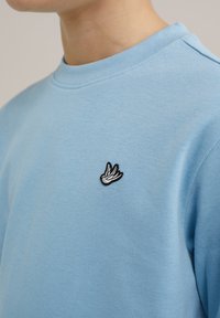 Šviesiai mėlyna megztinė su apvaliu kaklu ir raštuotomis rankovėmis. Priekyje yra juodai baltas siuvinėtų paukščių logotipas.