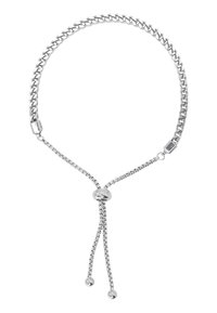 Collana in argento regolabile con design a catena piatta e una perlina centrale con due catene pendenti che terminano in piccole sfere.