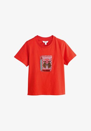 Red cotton t-shirt with short sleeves, featuring a detailed embroidered pocket design with intricate patterns and colors.