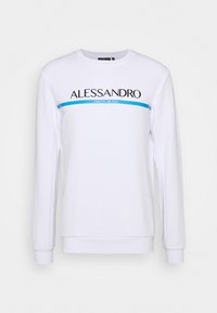 Bílá mikina s dlouhými rukávy, s kulatým výstřihem, modrým vodorovným pruhom a černým potiskem "ALESSANDRO ZAVETTI MILANO."