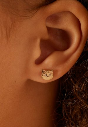 Boucles d'oreilles en or en forme de chat avec des détails en relief, présentant des yeux en pierres précieuses, accrochées à une oreille percée. Surface lisse, design petit et ludique.