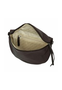 Borsa in pelle marrone con una texture liscia, dotata di chiusura con zip e fodera interna beige con un motivo impresso. Include una piccola tasca interna.