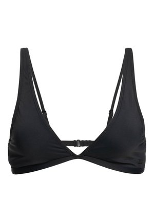 Svart trianglig bikinitopp med tunna remmar och en spänneförslutning bak. Tillverkad av mjukt, elastiskt tyg. Minimalistisk design.