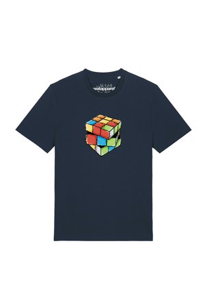 T-shirt bleu marine avec un design pixélisé d'un Rubik's Cube partiellement résolu au centre.