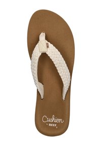 Kussen flip-flop met een geweven witte band, een bruine textuur voetbed en logodetail in het wit afgedrukt nabij de hiel.