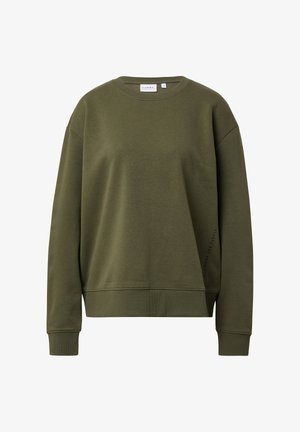 Bluza w kolorze oliwkowej zieleni wykonana z miękkiego materiału, z okrągłym dekoltem i ściągaczami przy mankietach. Subtelny tekst z boku.