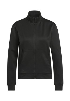Giacca sportiva nera con zip, colletto alto, due tasche frontali, polsini e orlo a coste; realizzata in un morbido tessuto testurizzato.