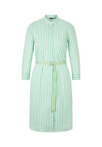 Hellgrünes und weiß gestreiftes Hemdkleid mit Kragen und langen Ärmeln. Verfügt über einen passenden Gürtel mit einer runden Schnalle.
