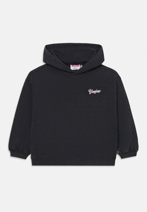 Sötétszürke kapucnis pulóver hosszú ujjakkal, bordázott mandzsettával és alsó szegéllyel, valamint kis, világos rózsaszín "Vingino" logóval a bal mellrészen.