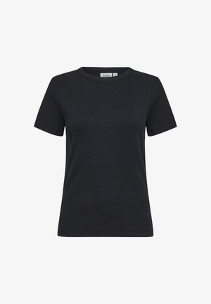 Czarna, krótko rękawowa koszulka wykonana z prążkowanego materiału, z okrągłym dekoltem. Charakteryzuje się luźnym krojem i subtelnymi detalami w szyciu.