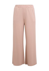 Lichtroze wijde broek met elastische tailleband, gemaakt van een zacht, rekbaar materiaal, met een gladde textuur en zonder zichtbare sluitingen.