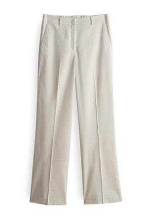 Light beige wide-leg trousers made of cotton fabric. Features side pockets and a smooth, flat-front design, with a slight wrinkle texture.