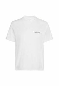 T-shirt blanc en coton avec une coupe régulière, manches courtes, col rond, et un petit logo noir sur le côté gauche de la poitrine. Texture douce, design minimaliste.