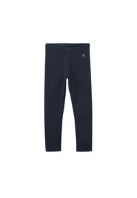 Tummansinisiä legginssejä, jotka on valmistettu pehmeästä kankaasta. Ne istuvat tiukasti, niissä on joustava vyötärö ja pieni logotagi vasemmalla puolella.