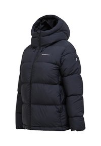 Giacca a vento nera con cappuccio alto, dotata di chiusura frontale con zip, design trapuntato e polsini elasticizzati per il calore.