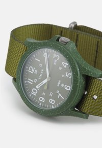 Grünes Plastikarmbanduhr mit grauem Zifferblatt, weißen Ziffern und grünem Nylonarmband. Verfügt über ein strukturiertes Gehäuse und eine silberne Krone.