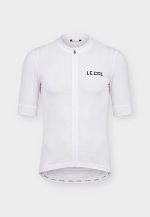 Biely krátky rukáv textúrovaný cyklistický dres s predným zipsom, logom "LE COL" na hrudi a značkovaným elastickým lemom.