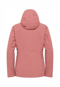 Roze buitenjack met capuchon, met een gladde textuur, een aansluitend ontwerp en gestructureerde naden. De achterkant toont een verstelbare capuchon en mouwen.