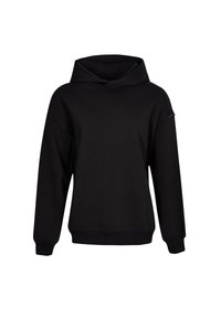 Felpa nera con cappuccio realizzata in misto cotone, caratterizzata da una vestibilità rilassata, maniche lunghe e polsini e orlo a costine. Design semplice e senza decorazioni.