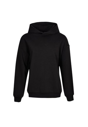 Sudadera con capucha negra hecha de una mezcla de algodón, con un corte relajado, mangas largas y puños y dobladillo acanalados. Diseño simple y sin adornos.
