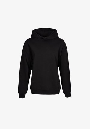 Schwarzer Kapuzenpullover aus Baumwollmischung, mit lockerer Passform, langen Ärmeln und gerippten Bündchen und Saum. Einfaches, ungeschmücktes Design.