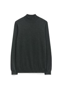 Maglione grigio scuro a collo alto realizzato in un morbido tessuto a maglia. Presenta maniche lunghe e un design aderente con scollatura e orlo a costine.