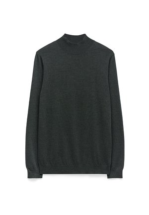 Pull en col roulé gris foncé en tissus tricoté doux. Présente des manches longues et un design ajusté avec un col et un ourlet côtelés.