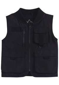 Gilet nero senza maniche con colletto a coste, zip frontale e molteplici tasche. Presenta un anello e un tessuto testurizzato per garantire durata.