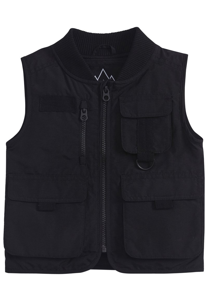 Gilet nero senza maniche con colletto a coste, zip frontale e molteplici tasche. Presenta un anello e un tessuto testurizzato per garantire durata.